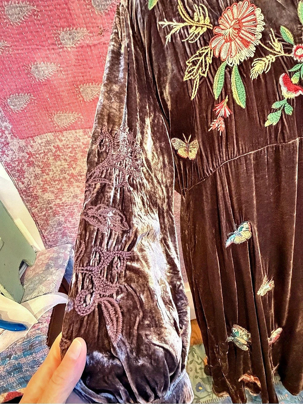 JOHNNY WAS Embroidered Velvet Maxi Dress Brown Large Like New - Picture 6 of 10